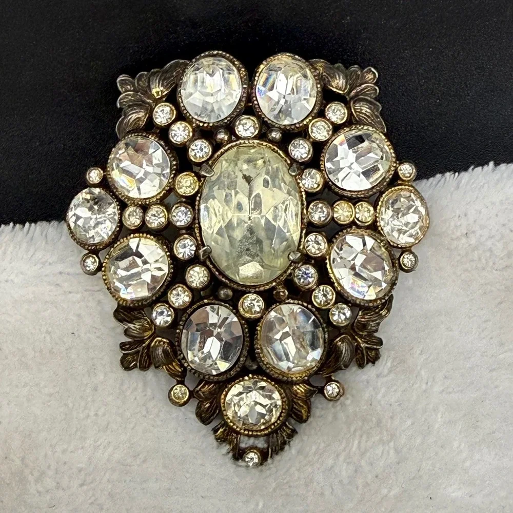 Vintage Dress Clip Silver Tone Clear Rhinestone Art Deco Revival Floral
